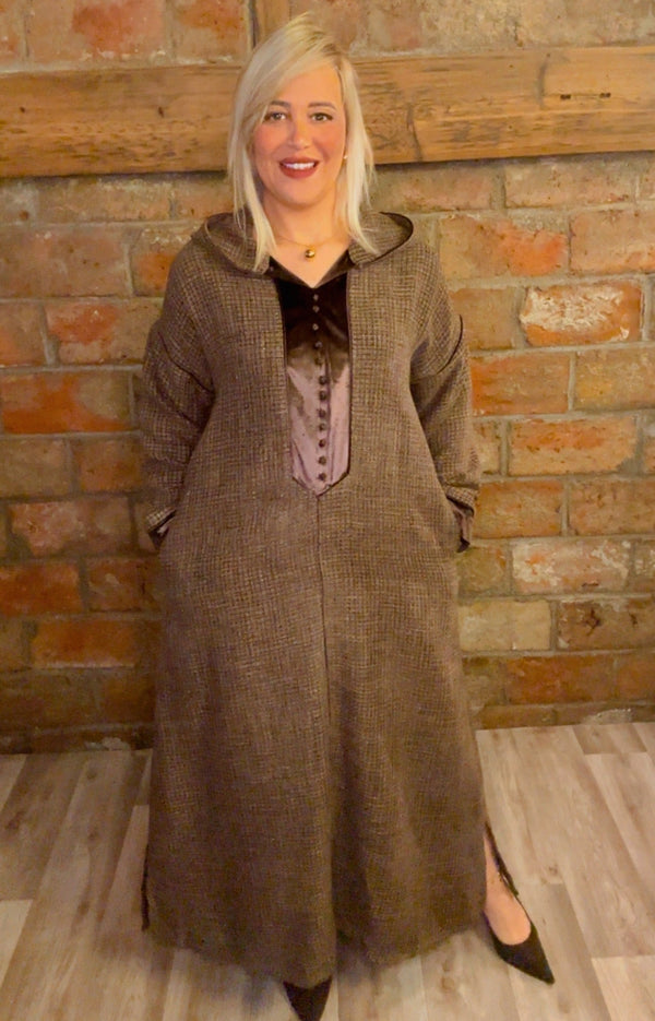 Djellaba élégante en tweed et velours – Vert, Marron, Noir