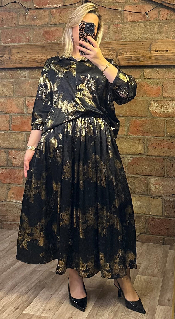 Ensemble noir & doré – Haut + Jupe longue (Taille unique)