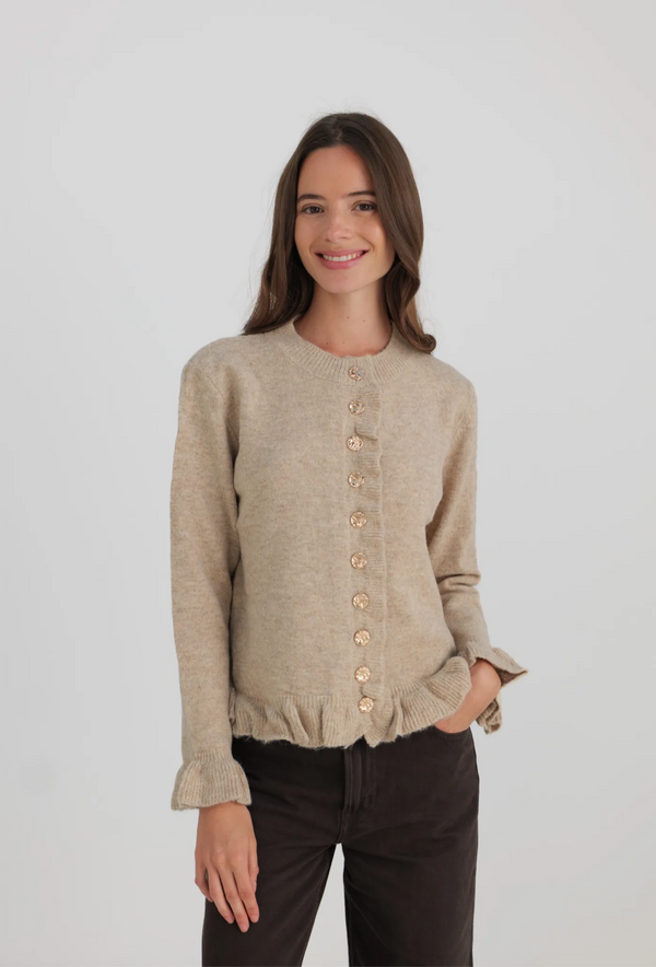 Gilet taupe à volants et boutons nacrés