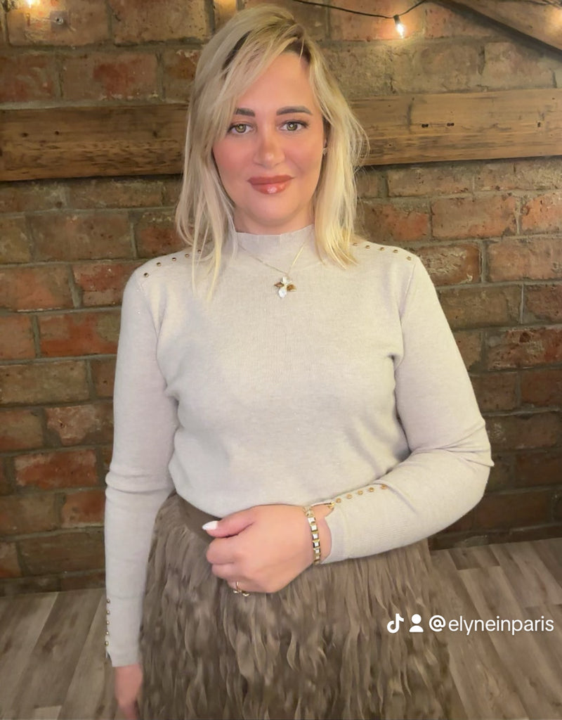 🧶 Pull fin à boutons dorés – Noir, Marron, Écru, Beige, Gris