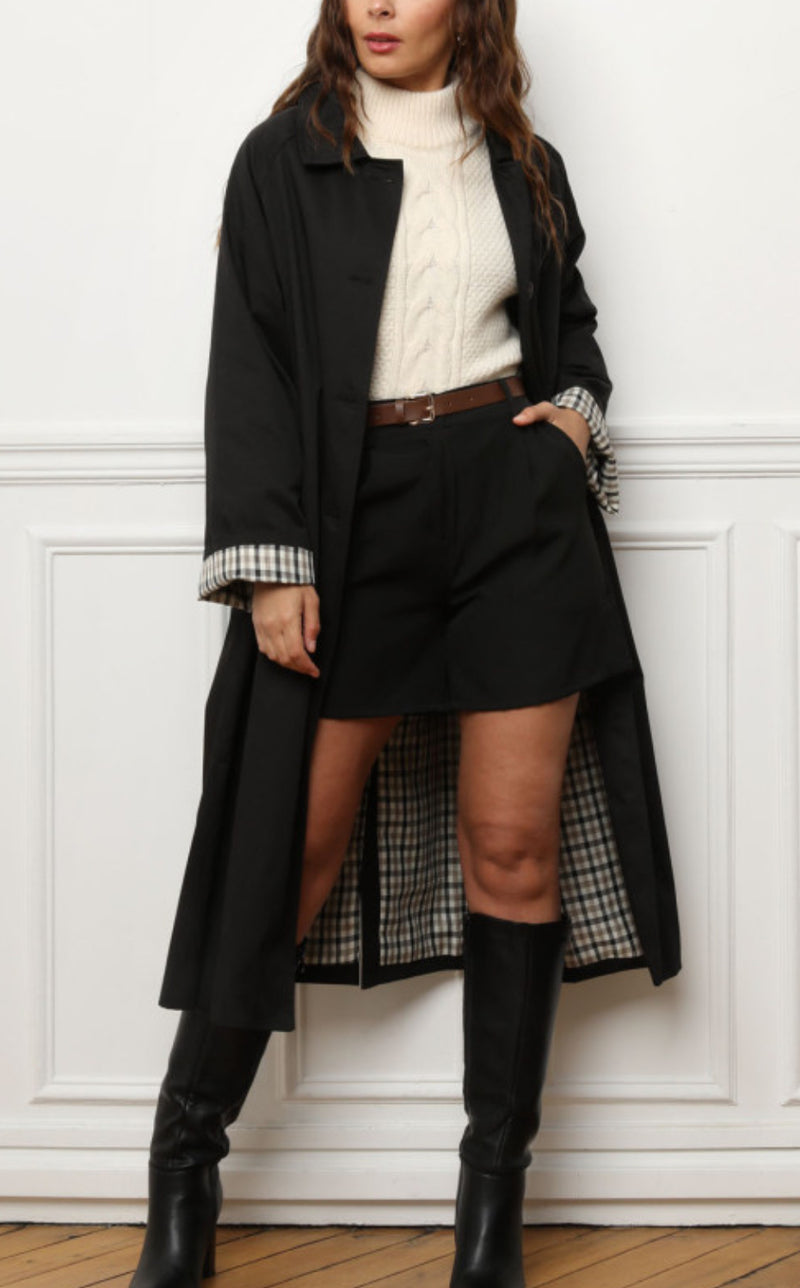 Trench long réversible noir et carreaux