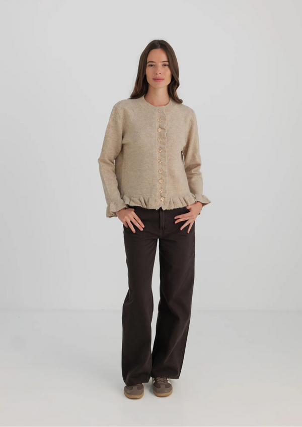 Gilet taupe à volants et boutons nacrés