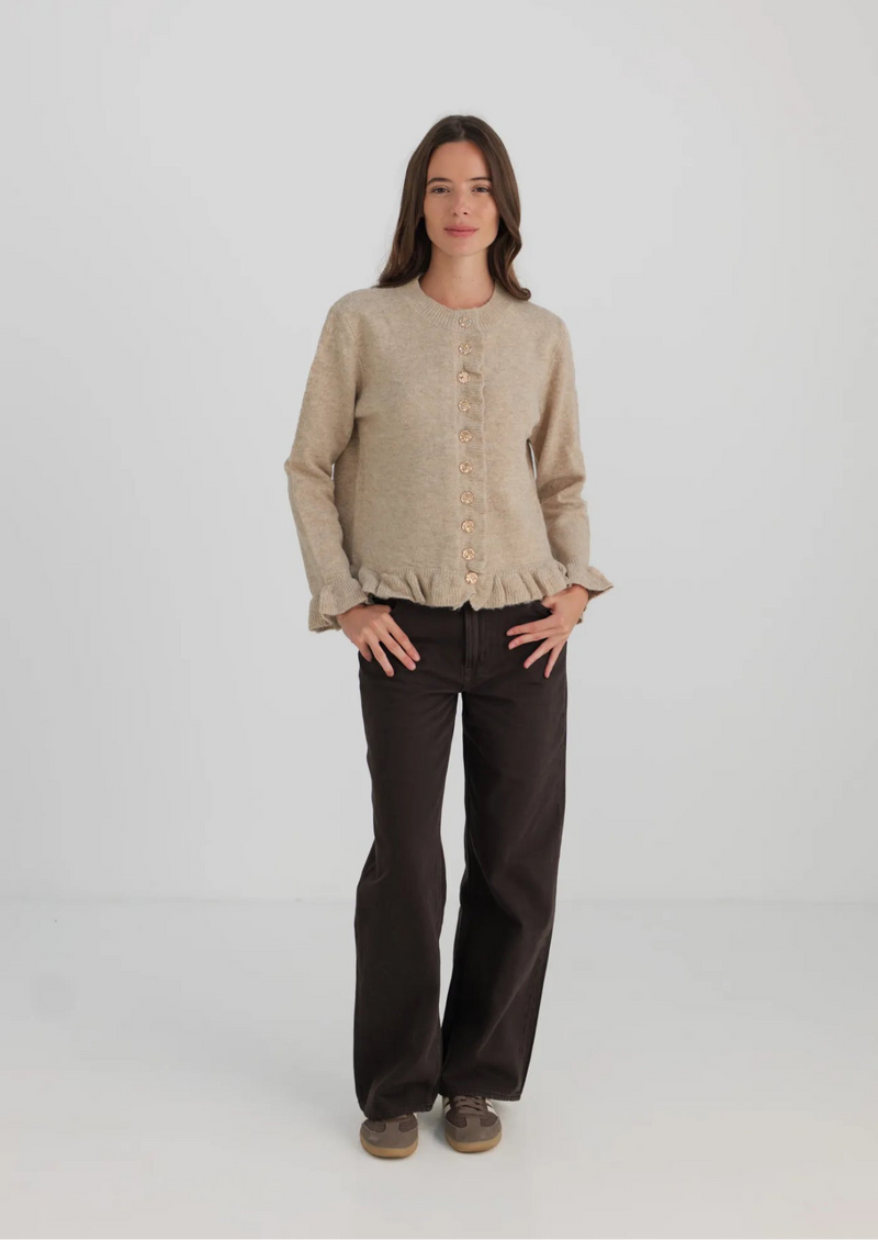 Gilet taupe à volants et boutons nacrés