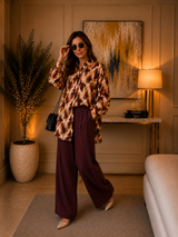 Ensemble satin imprimé & pantalon palazzo bordeaux