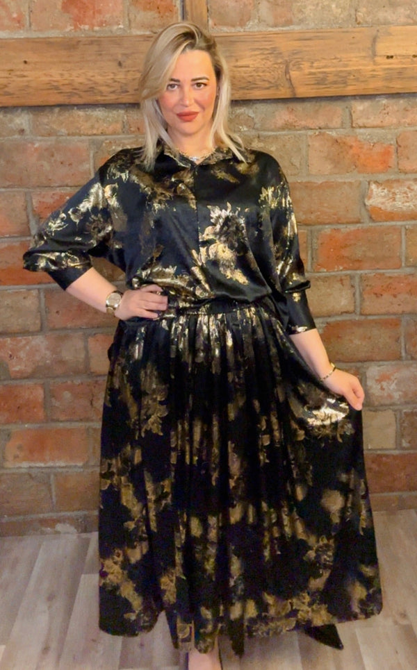 Ensemble noir & doré – Haut + Jupe longue (Taille unique)