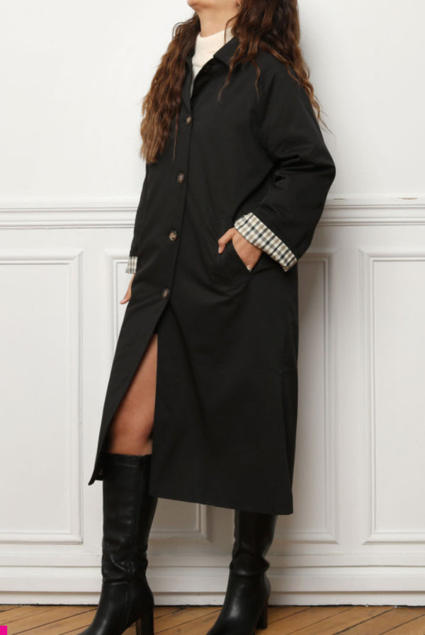 Trench long réversible noir et carreaux