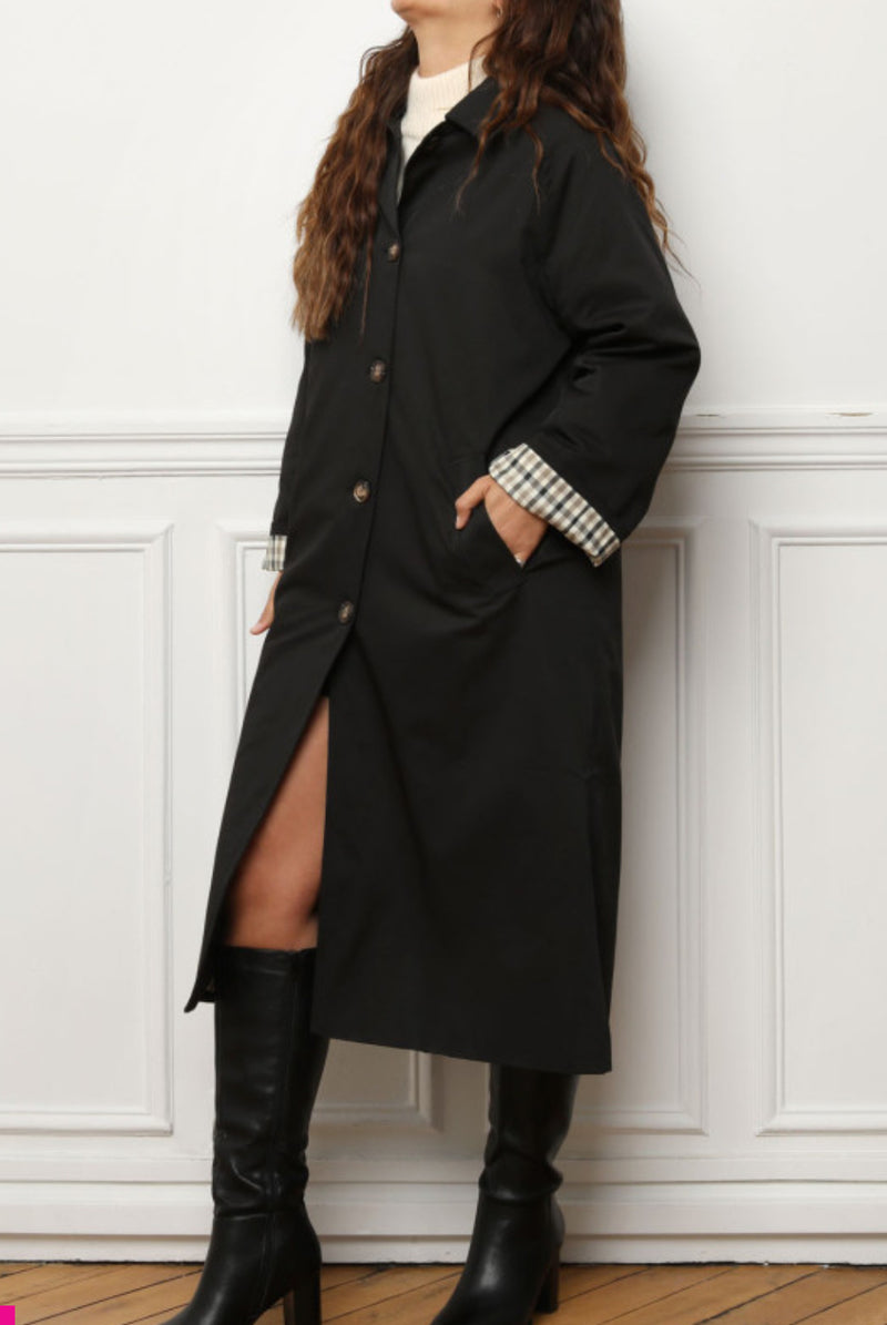 Trench long réversible noir et carreaux