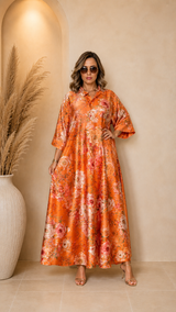 Robe Longue Fluide Imprimée avec Ceinture