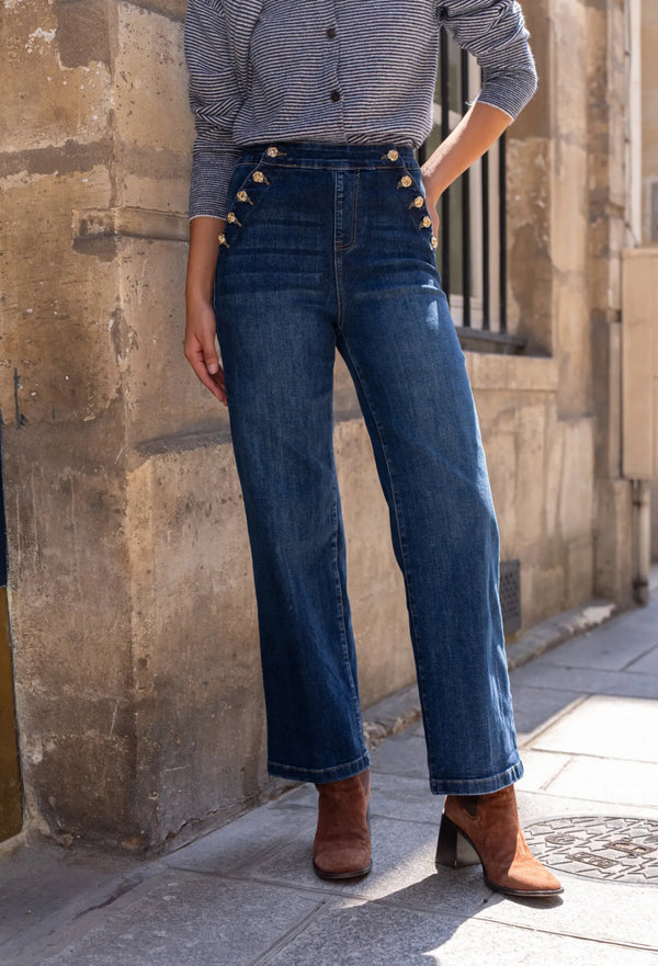 🌟 Pantalon Wide Leg à Boutons Tressés
