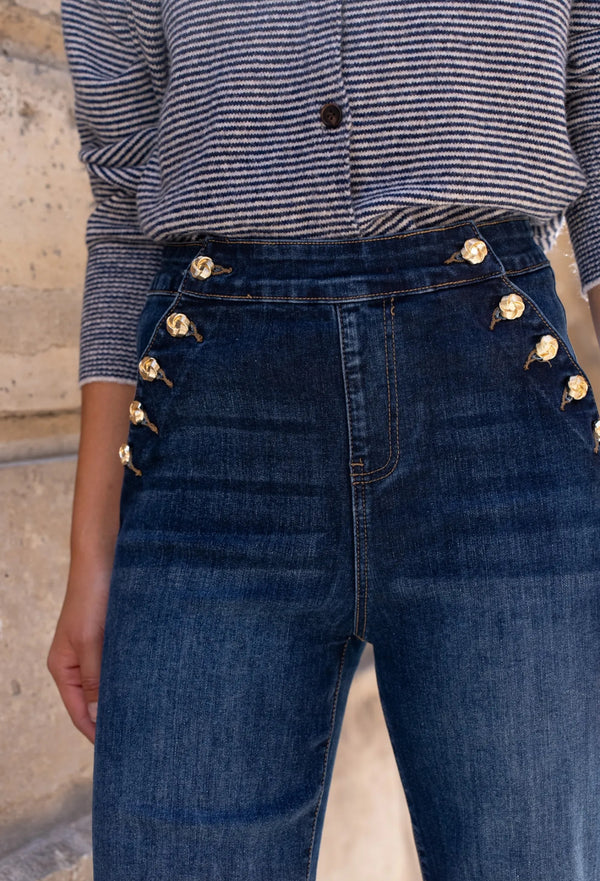 🌟 Pantalon Wide Leg à Boutons Tressés