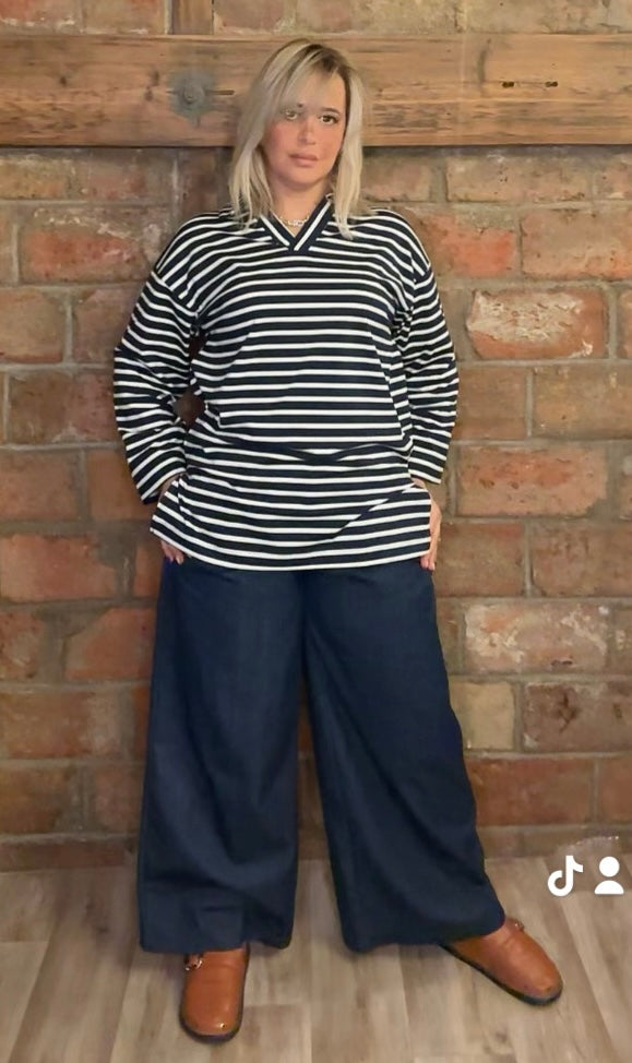 Haut Marin Rayé à Col V