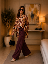 Ensemble satin imprimé & pantalon palazzo bordeaux