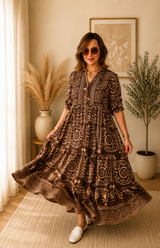 Robe longue fluide imprimée – style bohème chic
