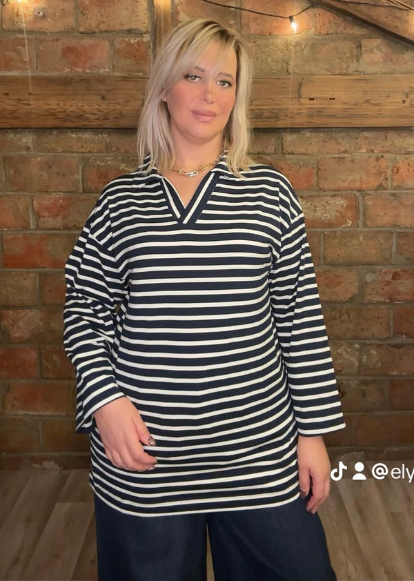 Haut Marin Rayé à Col V