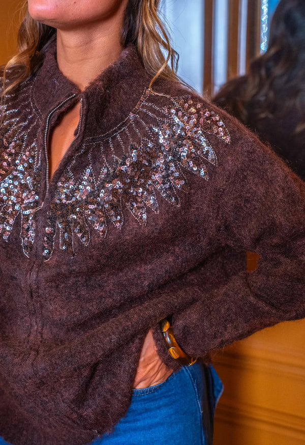Gilet chocolat zippé à sequins