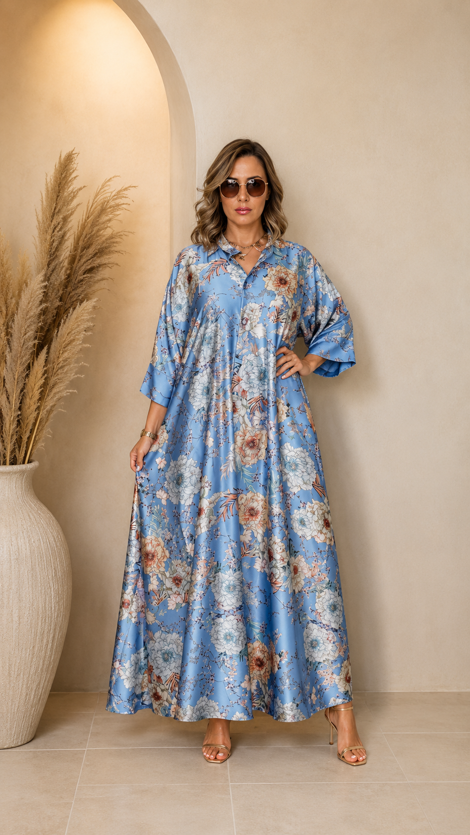 Robe Longue Fluide Imprimée avec Ceinture
