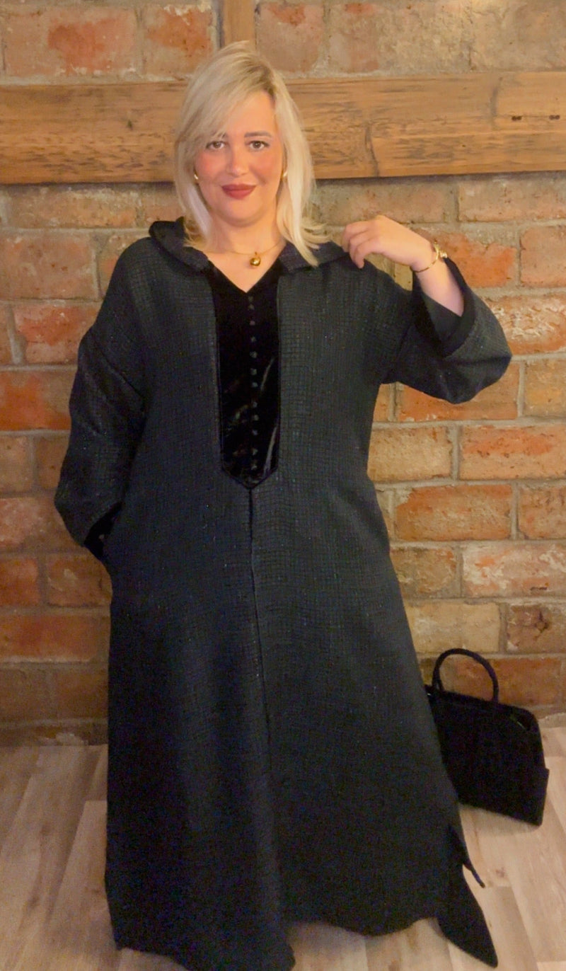 Djellaba élégante en tweed et velours – Vert, Marron, Noir