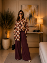 Ensemble satin imprimé & pantalon palazzo bordeaux