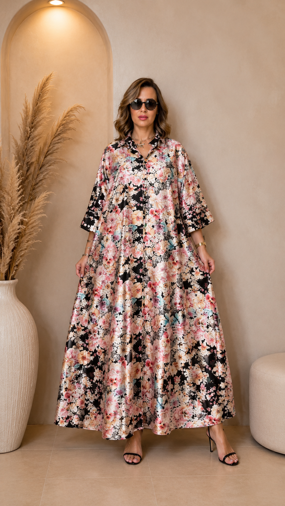 Robe Longue Fluide Imprimée avec Ceinture