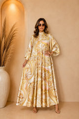 Robe Longue Fluide Imprimée avec Ceinture