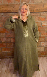 Djellaba élégante en tweed et velours – Vert, Marron, Noir