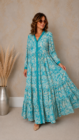 Robe Longue Bohème Fluide Femme – Bleu Turquoise