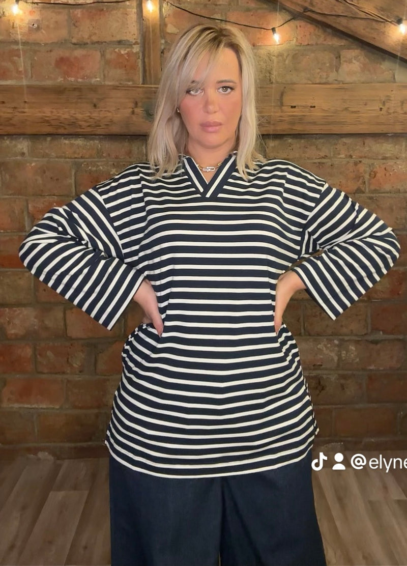 Haut Marin Rayé à Col V