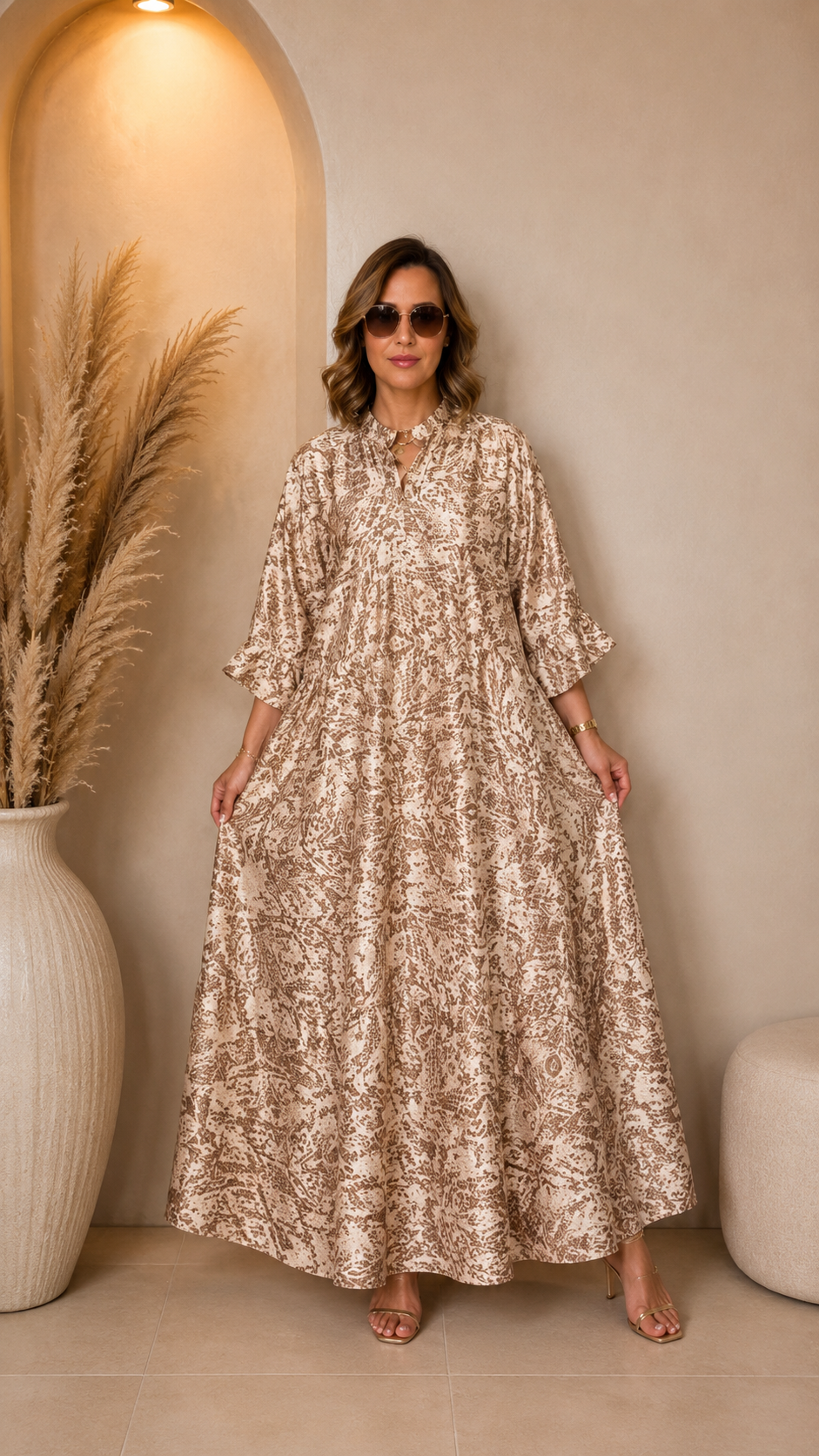 Robe Longue Fluide Imprimée avec Ceinture
