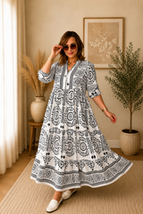 Robe longue fluide imprimée – style bohème chic