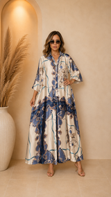 Robe Longue Fluide Imprimée avec Ceinture