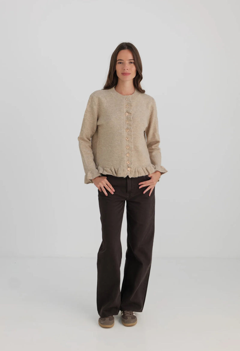 Gilet taupe à volants et boutons nacrés