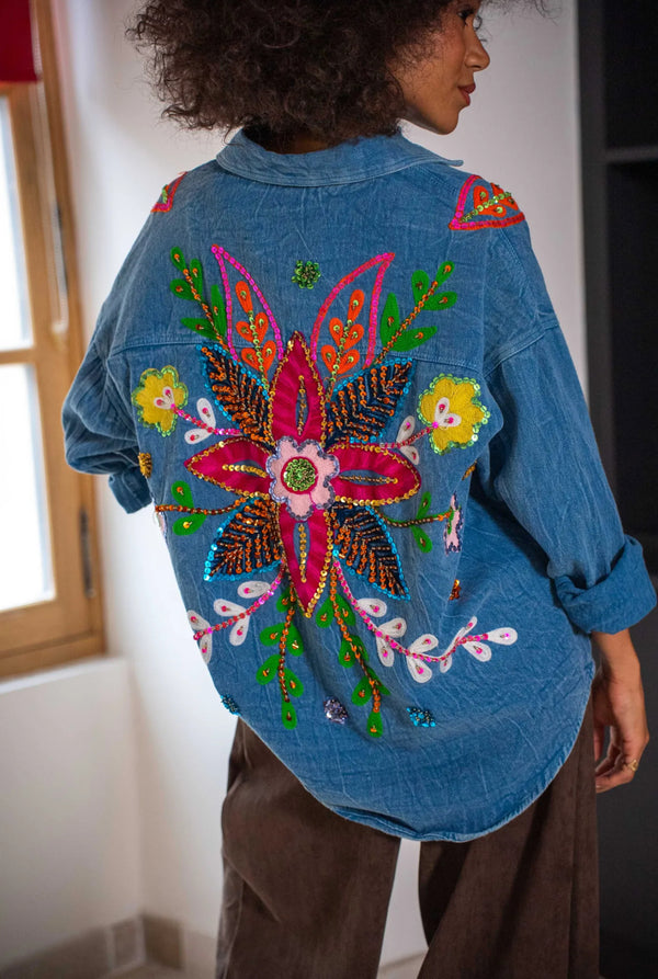 Chemise oversize en coton brodée sequins floraux - bleu