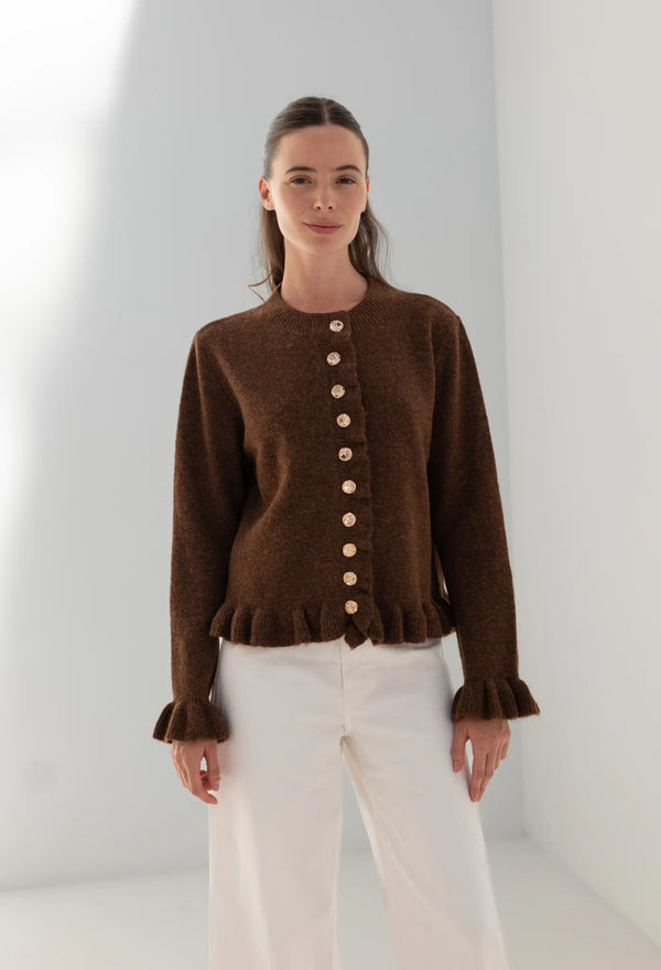 Gilet chocolat à volants et boutons nacrés