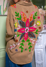 Chemise oversize en coton brodée sequins floraux - taupe