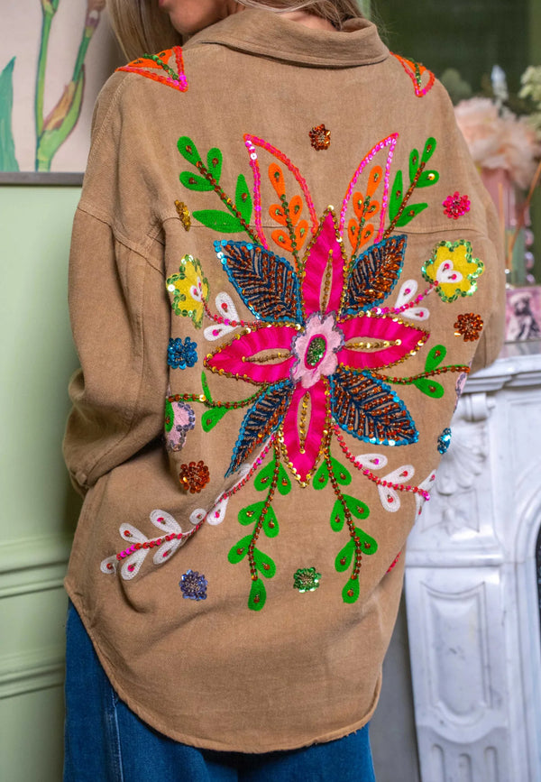 Chemise oversize en coton brodée sequins floraux - taupe