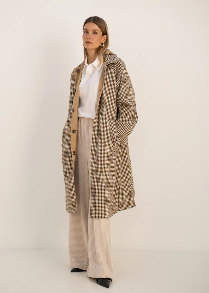 Trench long réversible noir et carreaux