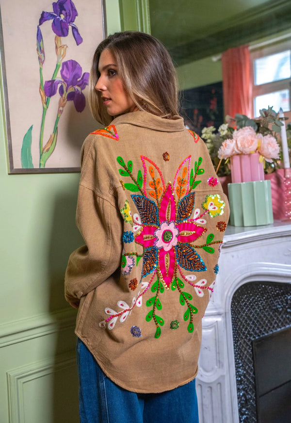 Chemise oversize en coton brodée sequins floraux - taupe