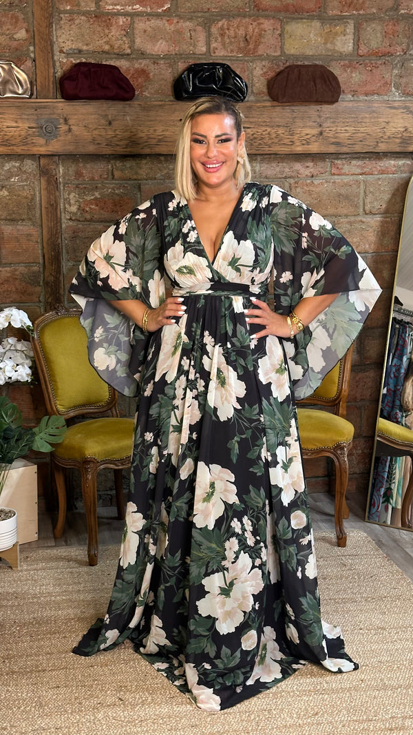 Robe de soirée noire fleurie
